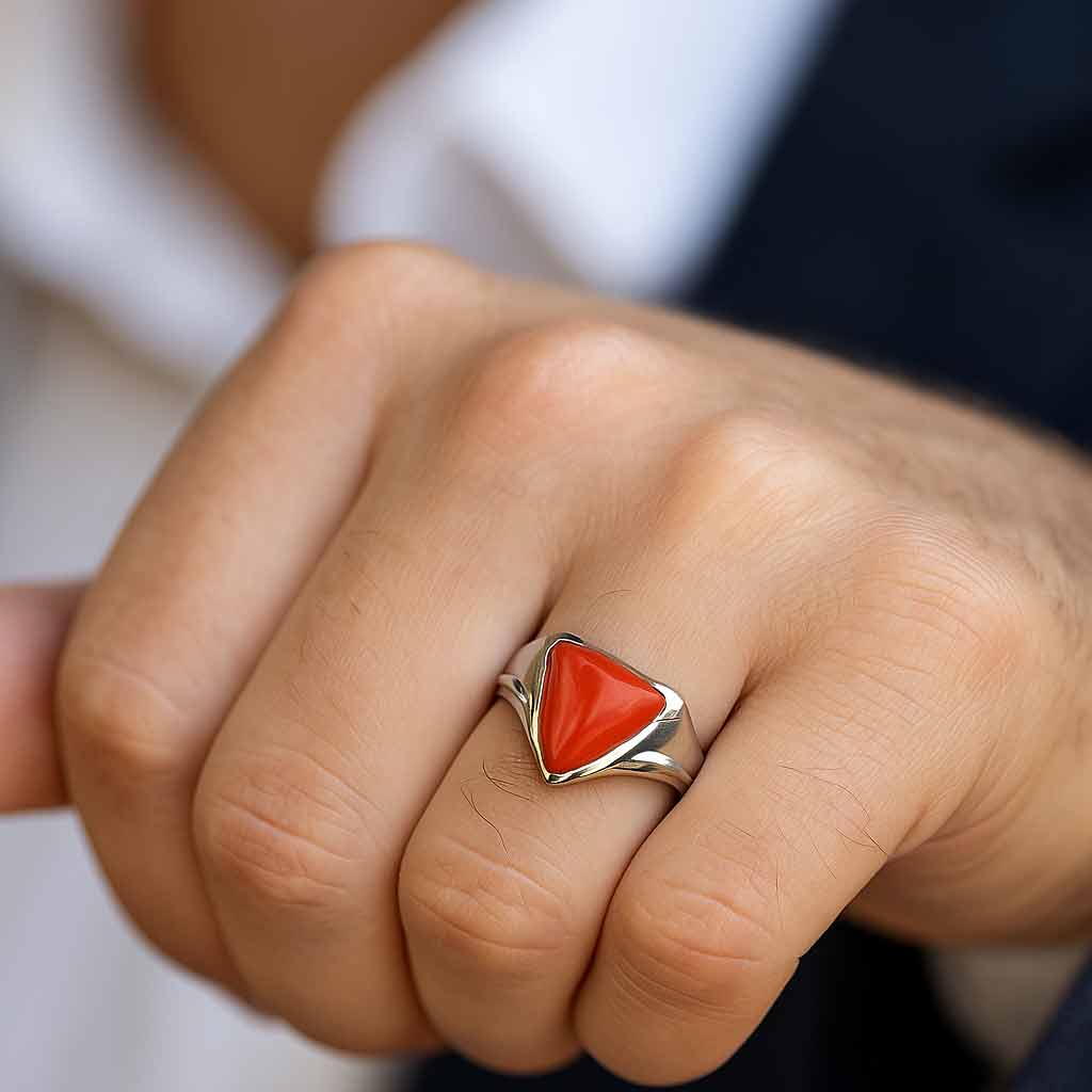 925 Sterling Silver Modern Tikona Moonga Ring For Men