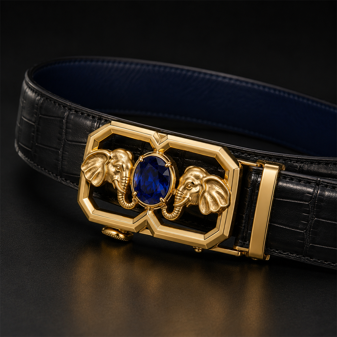 Royal Blue Gemstone Elephant Belt Buckle in 22kt Gold Vermeil