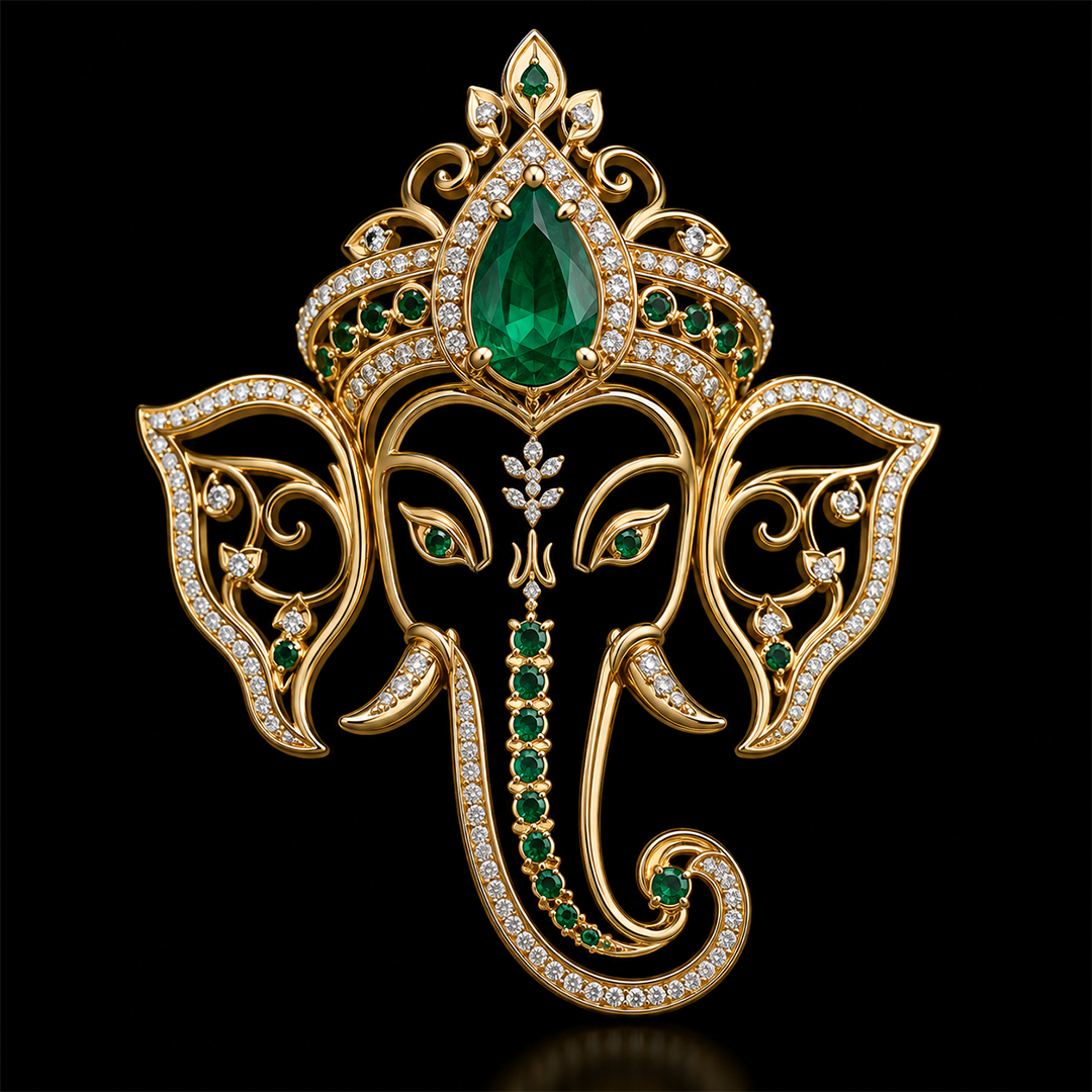 Divine Green Gemstone Ganesha Brooch in 22kt Gold Vermeil