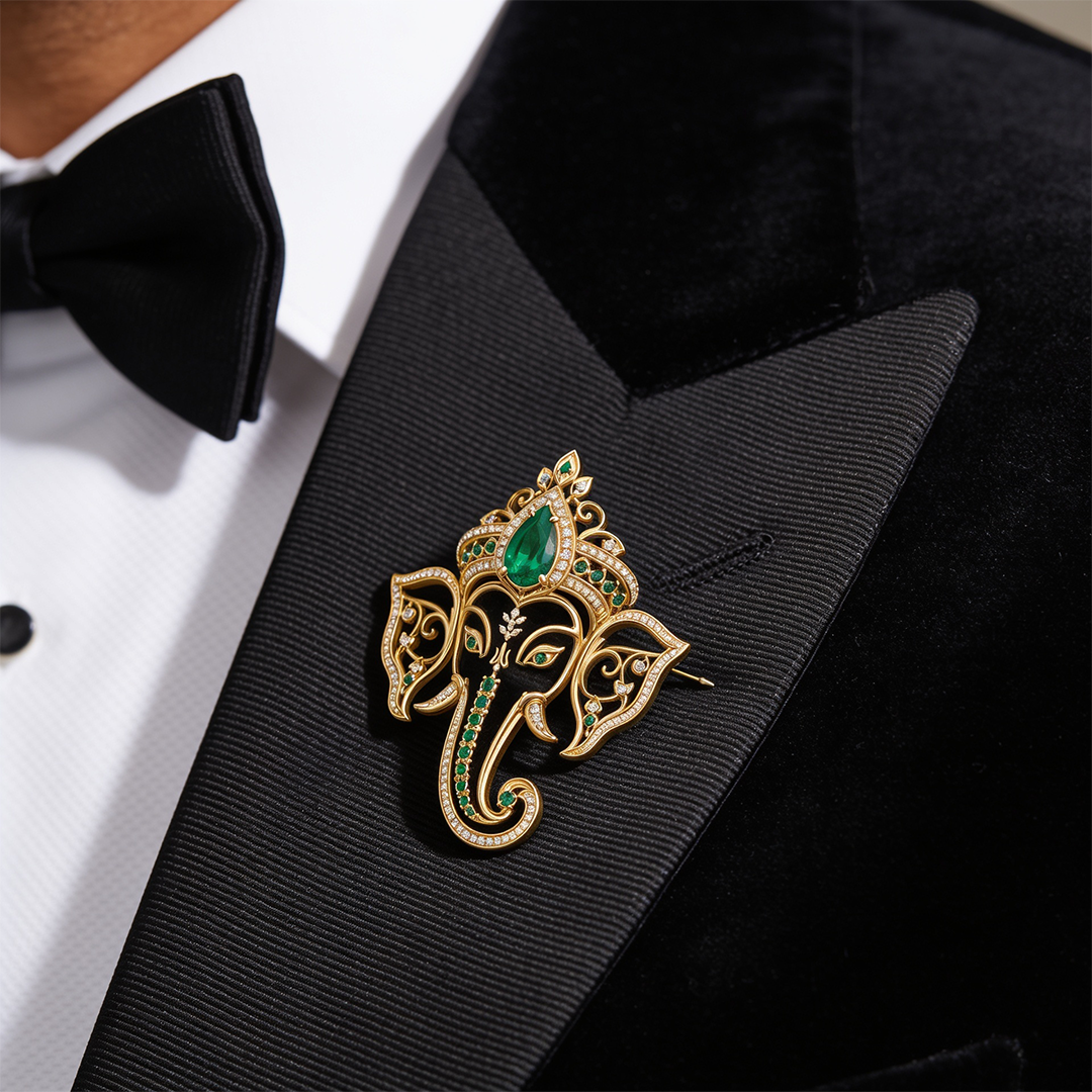 Divine Green Gemstone Ganesha Brooch in 22kt Gold Vermeil