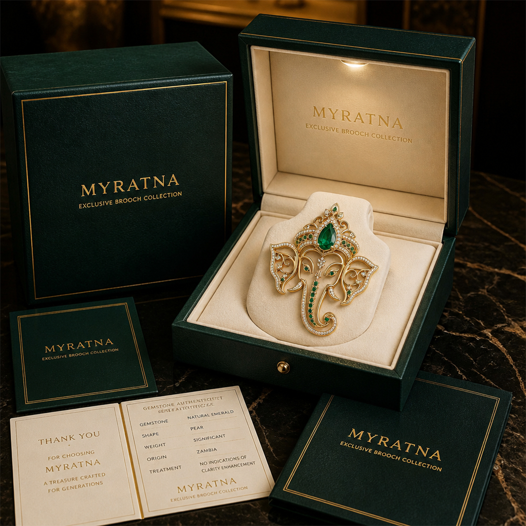 Divine Green Gemstone Ganesha Brooch in 22kt Gold Vermeil
