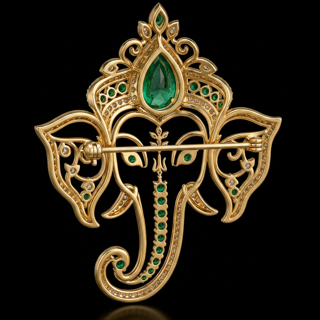 Divine Green Gemstone Ganesha Brooch in 22kt Gold Vermeil