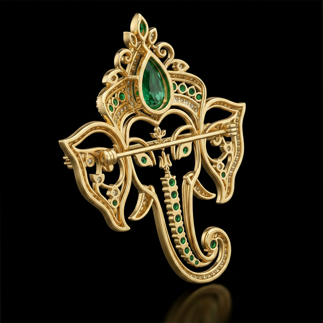 Divine Green Gemstone Ganesha Brooch in 22kt Gold Vermeil