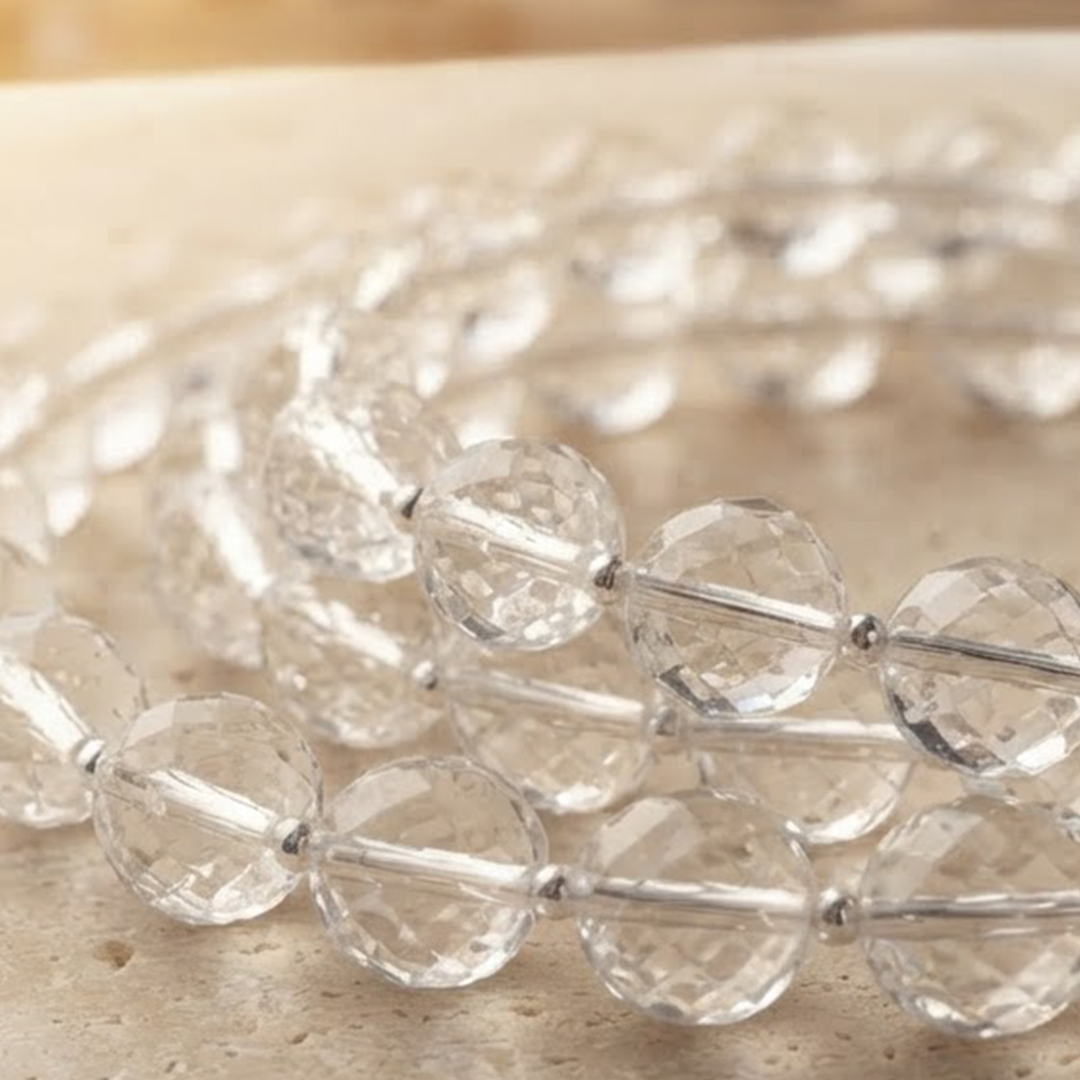 108 Beads Silver Wire Diamond Cut Sphatik Jaap Mala (Quartz - 6 MM, 8 MM & 10 MM)
