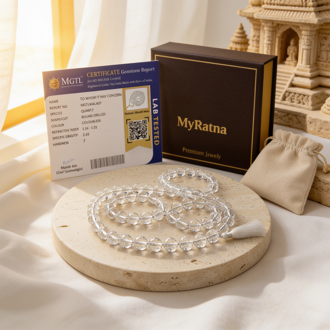 108 Beads Silver Wire Diamond Cut Sphatik Jaap Mala (Quartz - 6 MM, 8 MM & 10 MM)