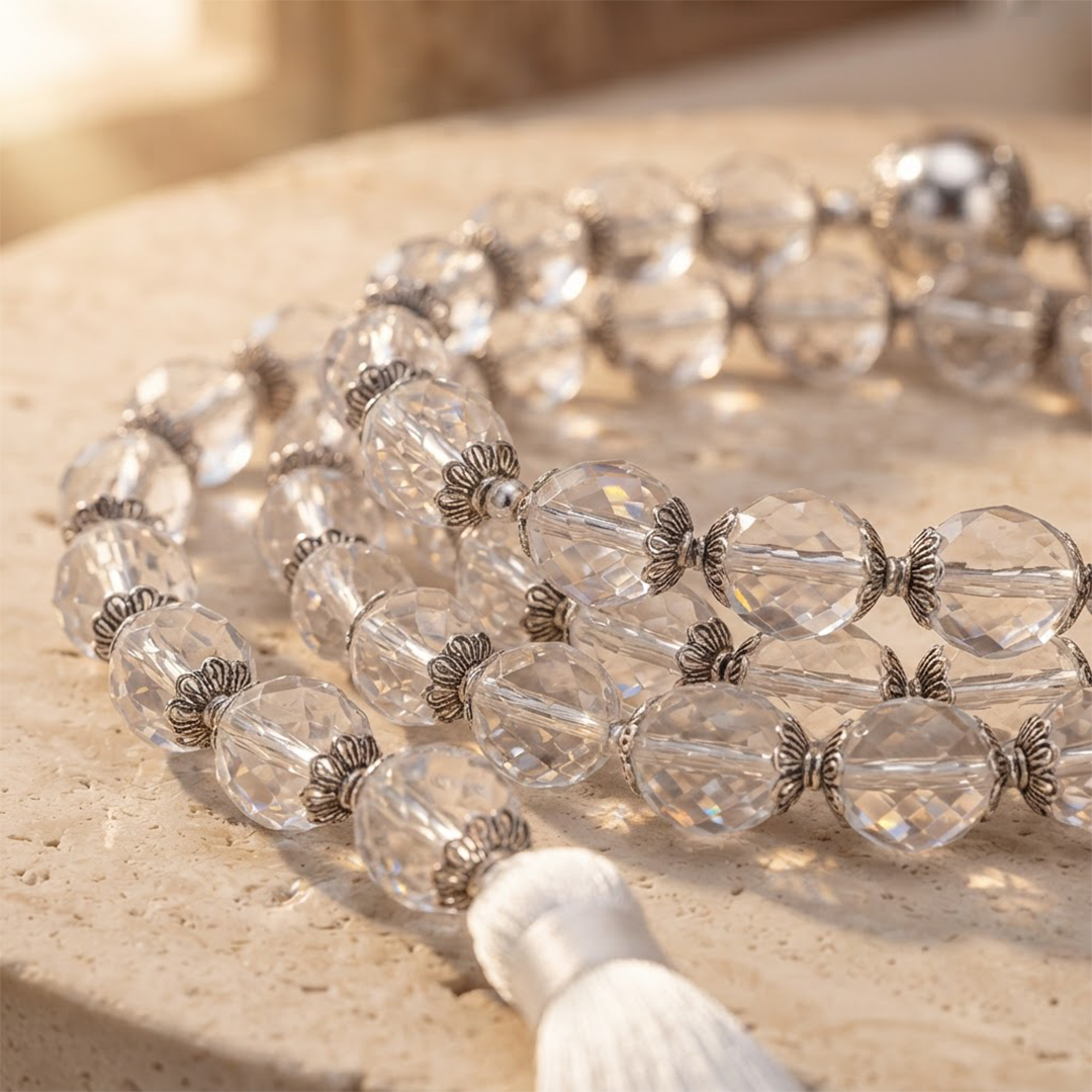 108 Beads Diamond Cut Sphatik Jaap Mala with Silver Cap (Quartz - 6 MM, 8 MM & 10 MM)