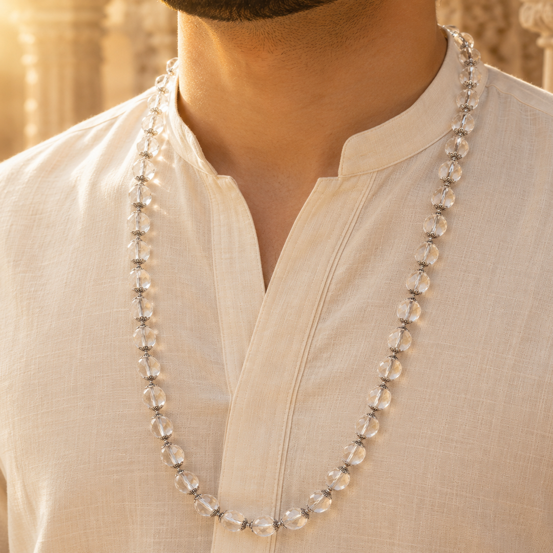 108 Beads Diamond Cut Sphatik Jaap Mala with Silver Cap (Quartz - 6 MM, 8 MM & 10 MM)