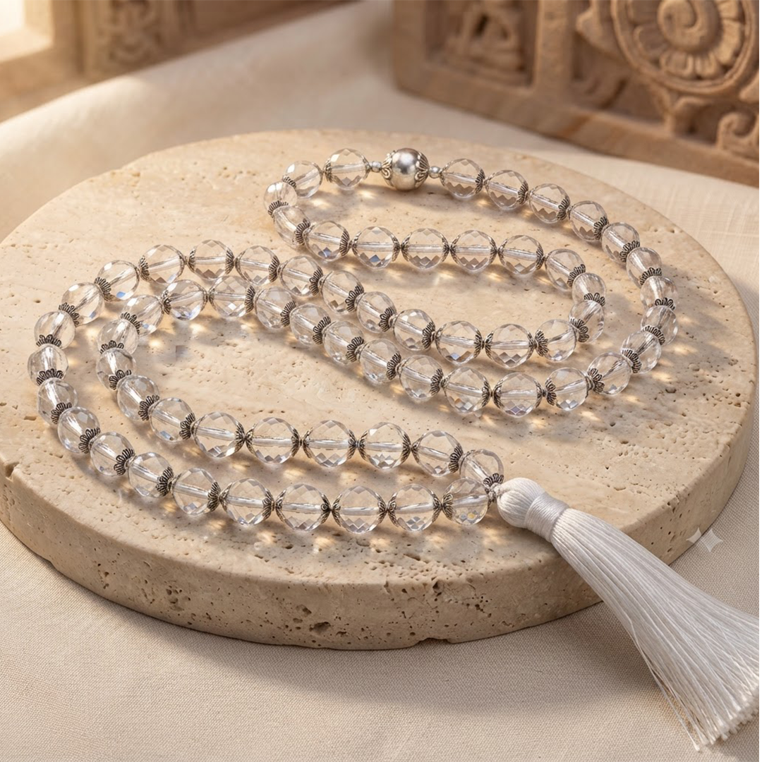 108 Beads Diamond Cut Sphatik Jaap Mala with Silver Cap (Quartz - 6 MM, 8 MM & 10 MM)