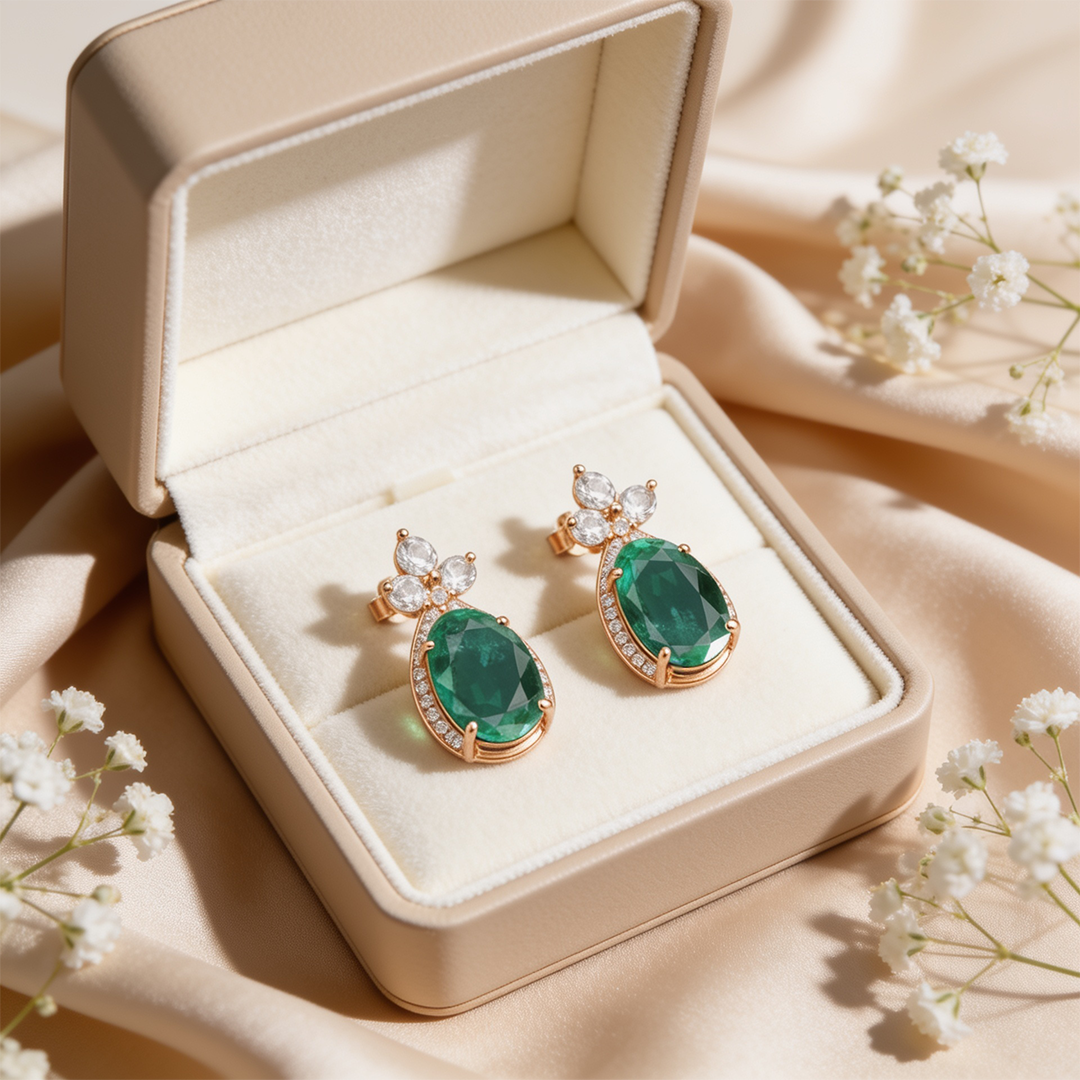 Green Stone Bloom Stud Earrings in 22kt Gold Vermeil