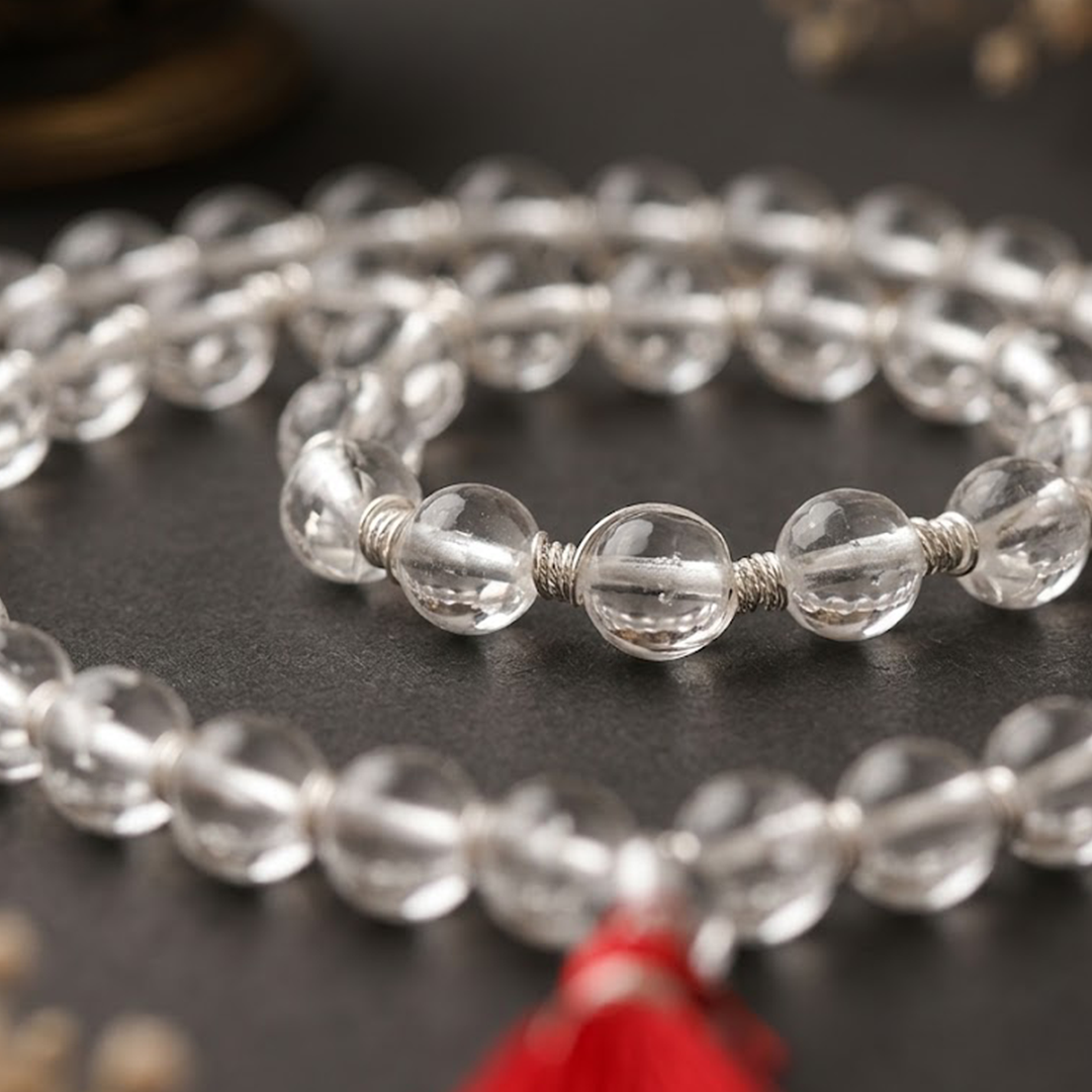 Original Silver Wire Sphatik Jaap Mala (Quartz - 6.00, 8.00, 10.00 MM)