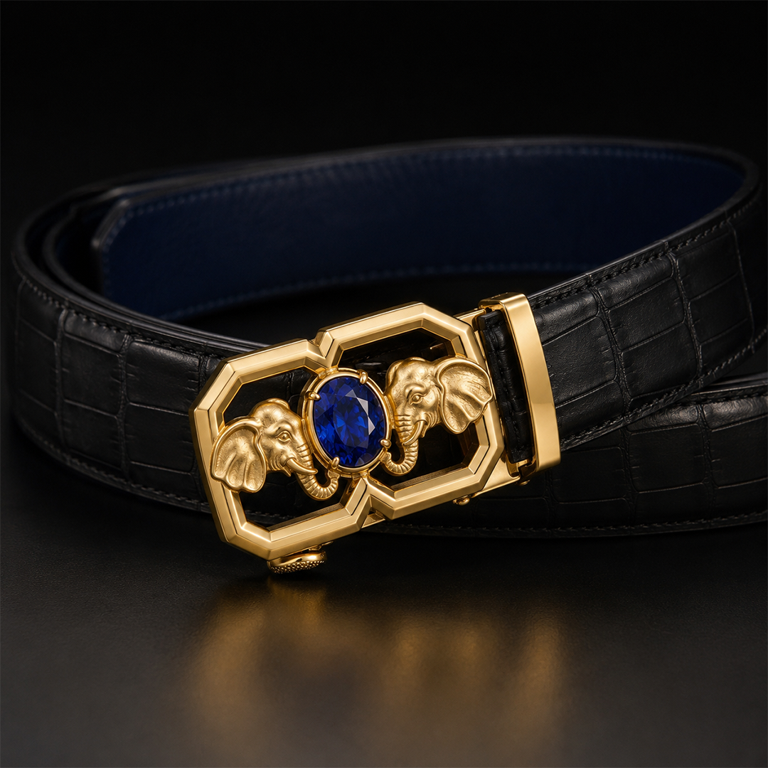 Royal Blue Gemstone Elephant Belt Buckle in 22kt Gold Vermeil