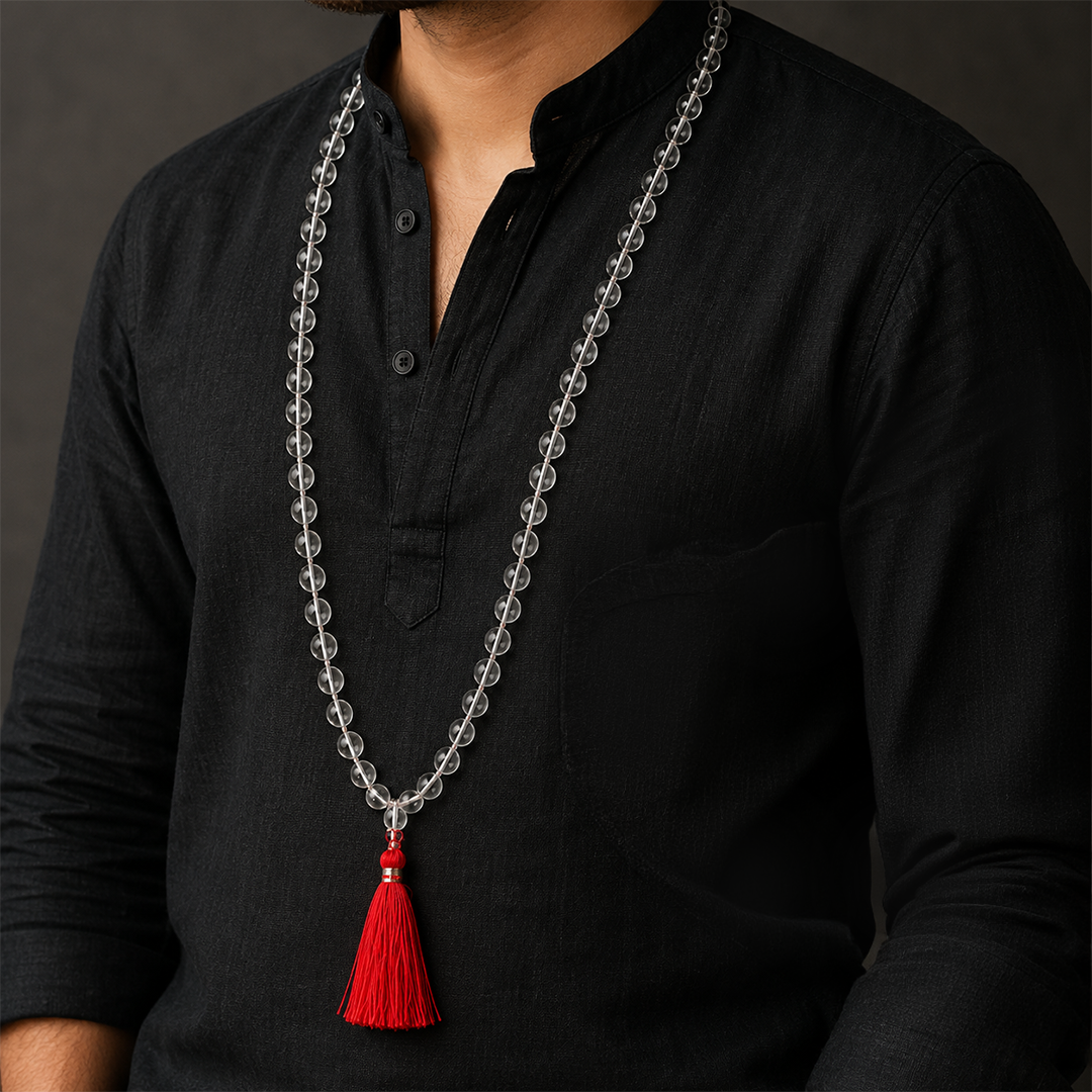 Original Silver Wire Sphatik Jaap Mala (Quartz - 6.00, 8.00, 10.00 MM)