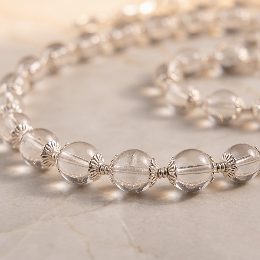 Natural 108 Beads Sphatik Jaap Mala with Silver Cap (Quartz - 6.00, 8.00, 10.00 MM)