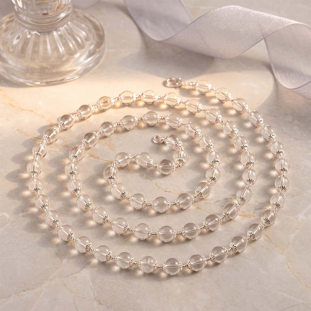 Natural 108 Beads Sphatik Jaap Mala with Silver Cap (Quartz - 6.00, 8.00, 10.00 MM)