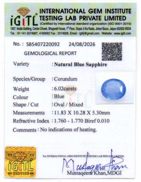 Blue Sapphire - 6.02 Carat