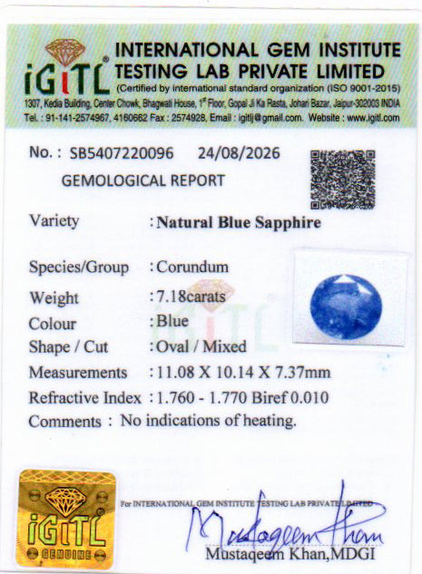 Blue Sapphire - 7.18 Carat