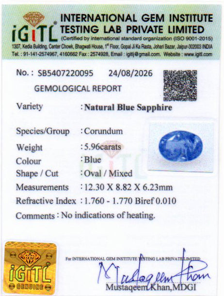 Blue Sapphire - 5.96 Carat