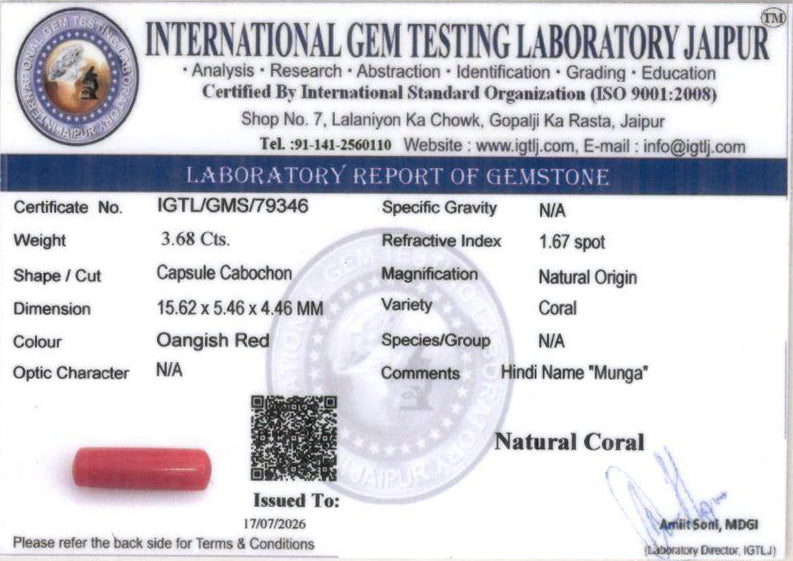 Red Coral - 3.68 Carat (4.07 Ratti - Moonga)