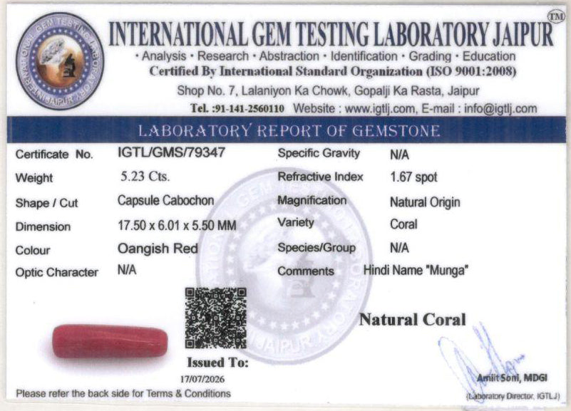 Red Coral - 5.23 Carat (5.78 Ratti - Moonga)