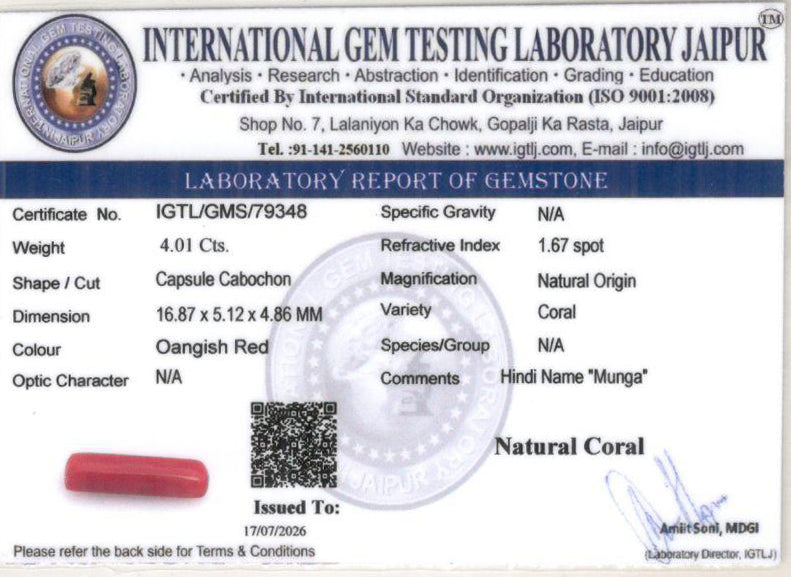 Red Coral - 4.01 Carat (4.43 Ratti - Moonga)