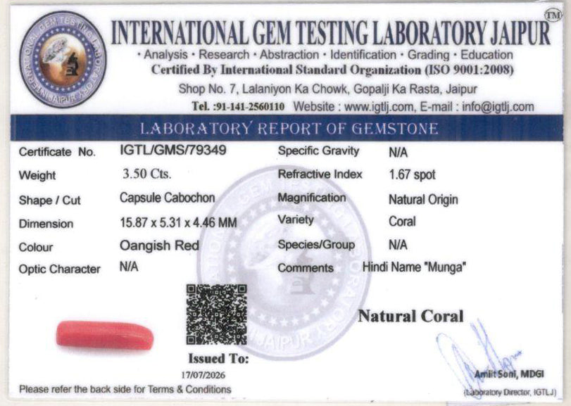 Red Coral - 3.50 Carat (3.87 Ratti - Moonga)