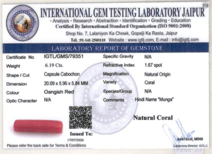Red Coral - 6.19 Carat (6.84 Ratti - Moonga)