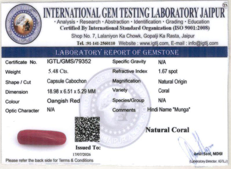 Red Coral - 5.48 Carat (6.06 Ratti - Moonga)