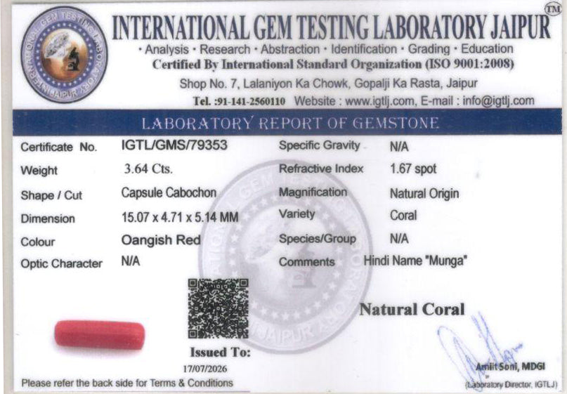 Red Coral - 3.64 Carat (4.02 Ratti - Moonga)