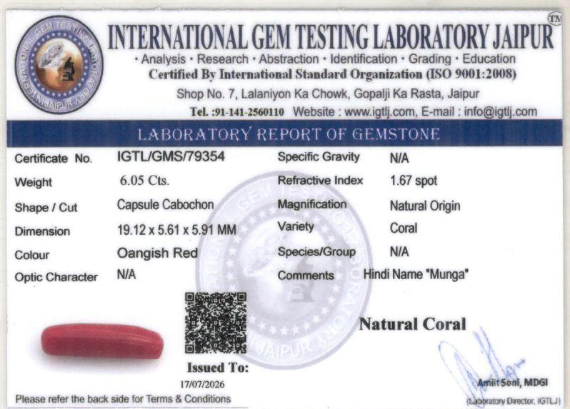 Red Coral - 6.05 Carat (6.69 Ratti - Moonga)