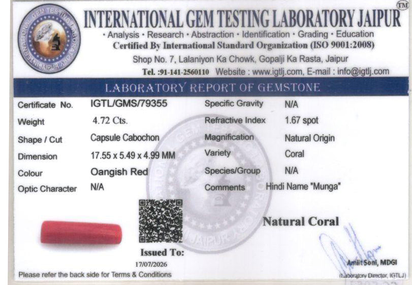 Red Coral - 4.72 Carat (5.22 Ratti - Moonga)