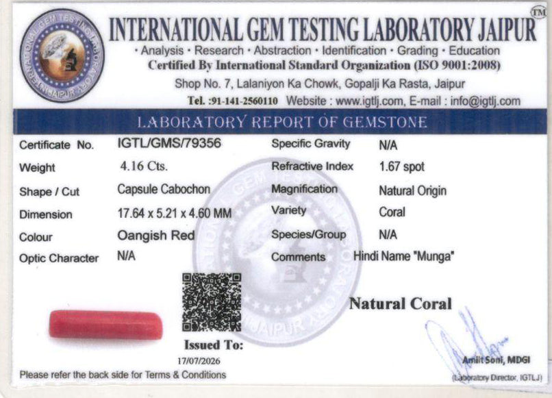Red Coral - 4.16 Carat (4.60 Ratti - Moonga)