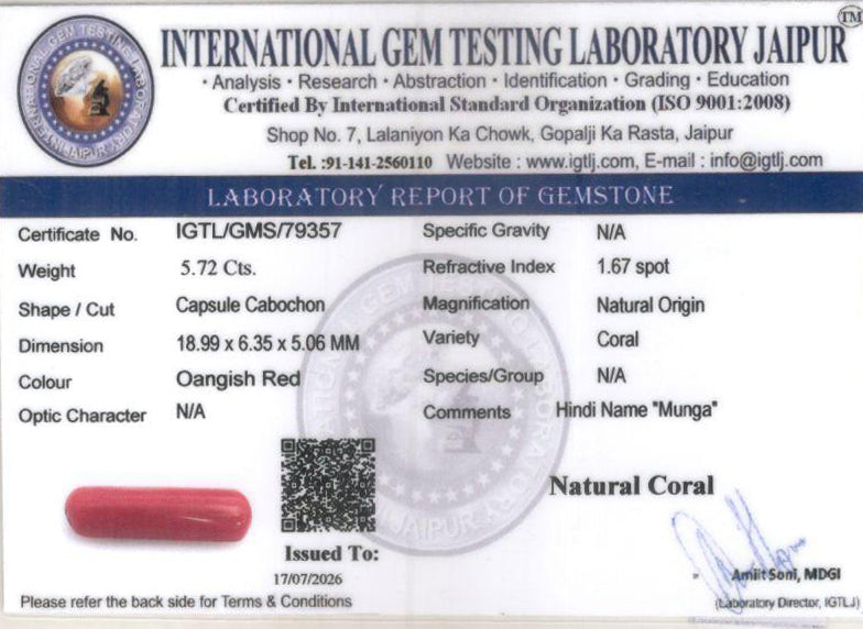 Red Coral - 5.72 Carat (6.32 Ratti - Moonga)