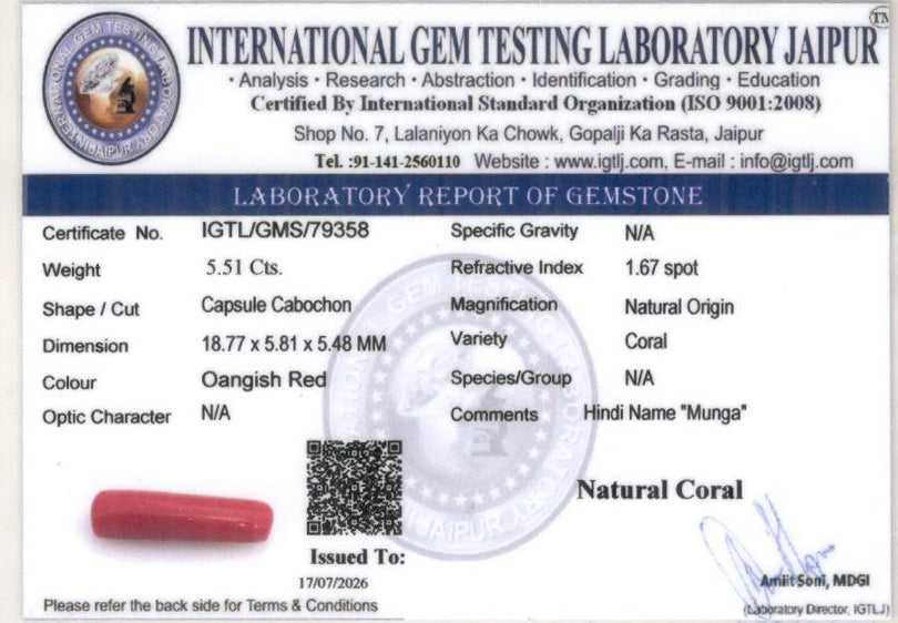 Red Coral - 5.51 Carat (6.09 Ratti - Moonga)