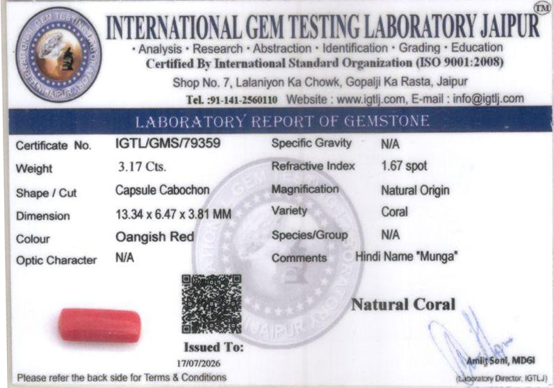 Red Coral - 3.17 Carat (3.50 Ratti - Moonga)