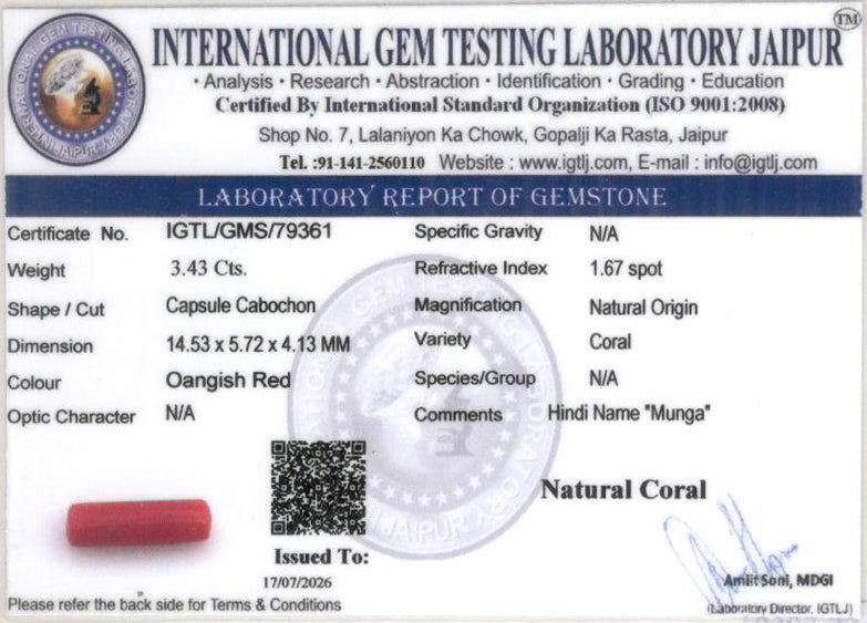 Red Coral - 3.43 Carat (3.79 Ratti - Moonga)