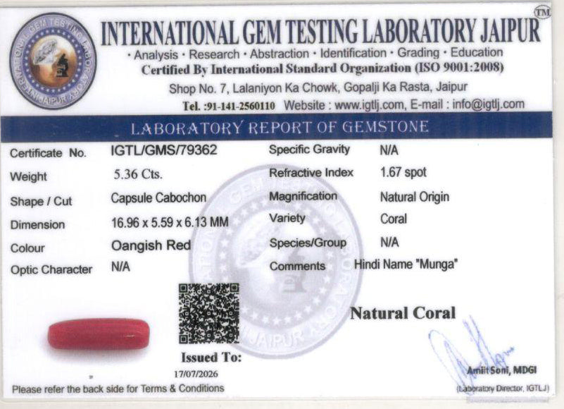 Red Coral - 5.36 Carat (5.92 Ratti - Moonga)