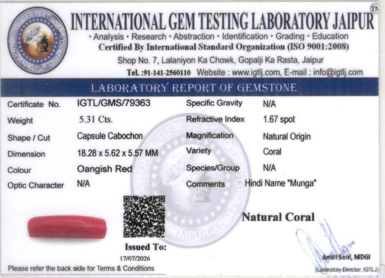 Red Coral - 5.31 Carat (5.87 Ratti - Moonga)
