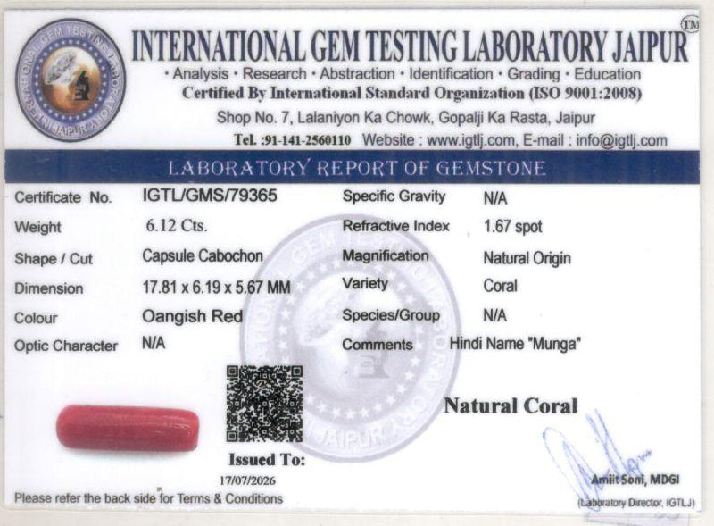 Red Coral - 6.12 Carat (6.76 Ratti - Moonga)