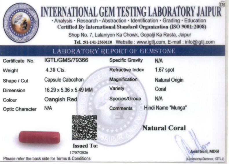 Red Coral - 4.38 Carat (4.84 Ratti - Moonga)