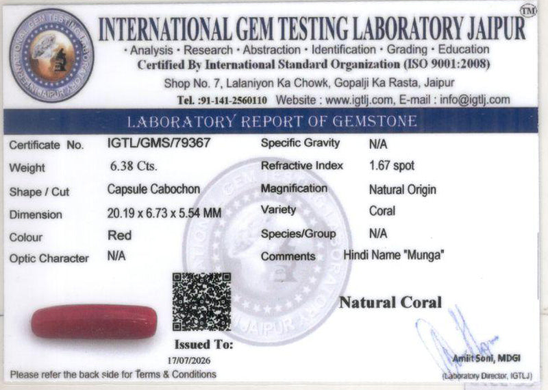 Red Coral - 6.38 Carat (7.05 Ratti - Moonga)