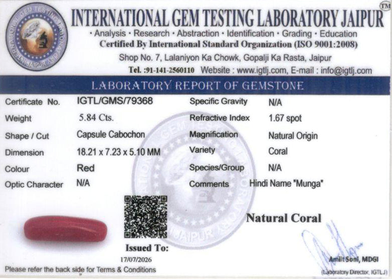 Red Coral - 5.84 Carat (6.45 Ratti - Moonga)