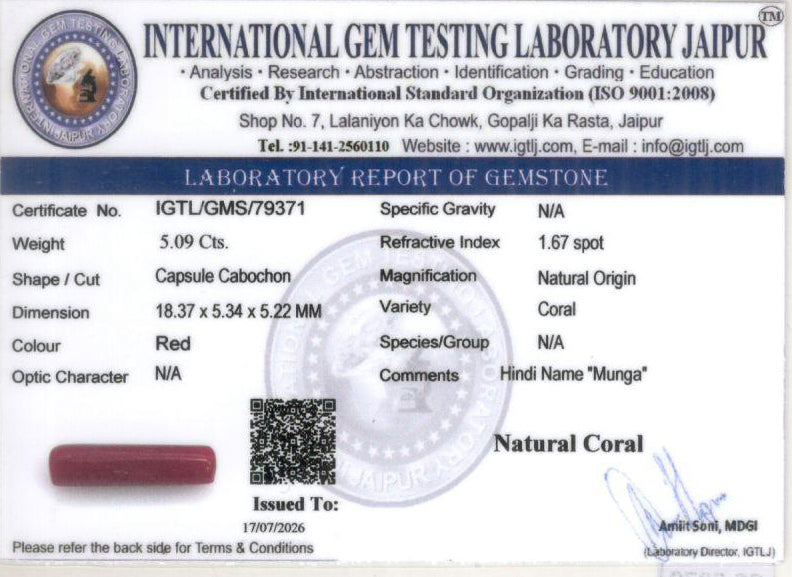 Red Coral - 5.09 Carat (5.62 Ratti - Moonga)