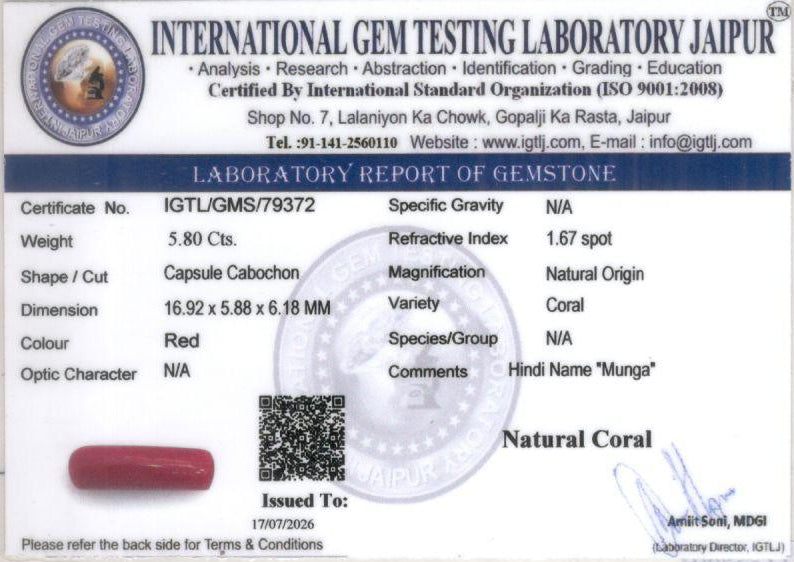 Red Coral - 5.80 Carat (6.41 Ratti - Moonga)