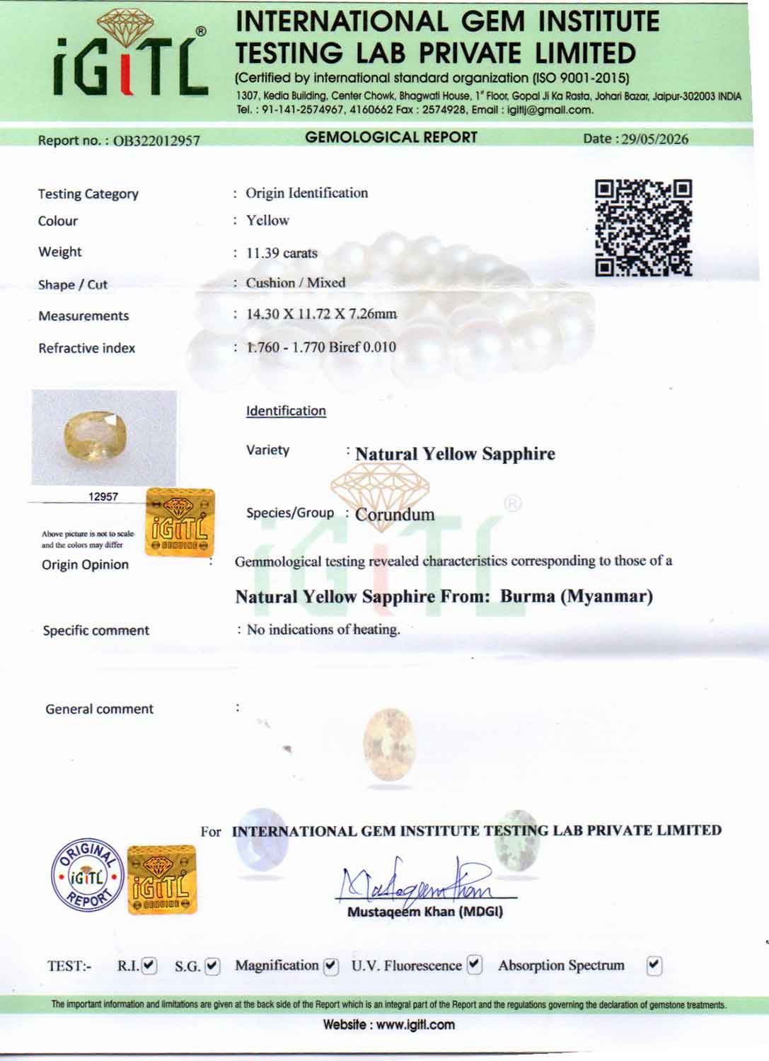 Yellow Sapphire - 11.39 Carat
