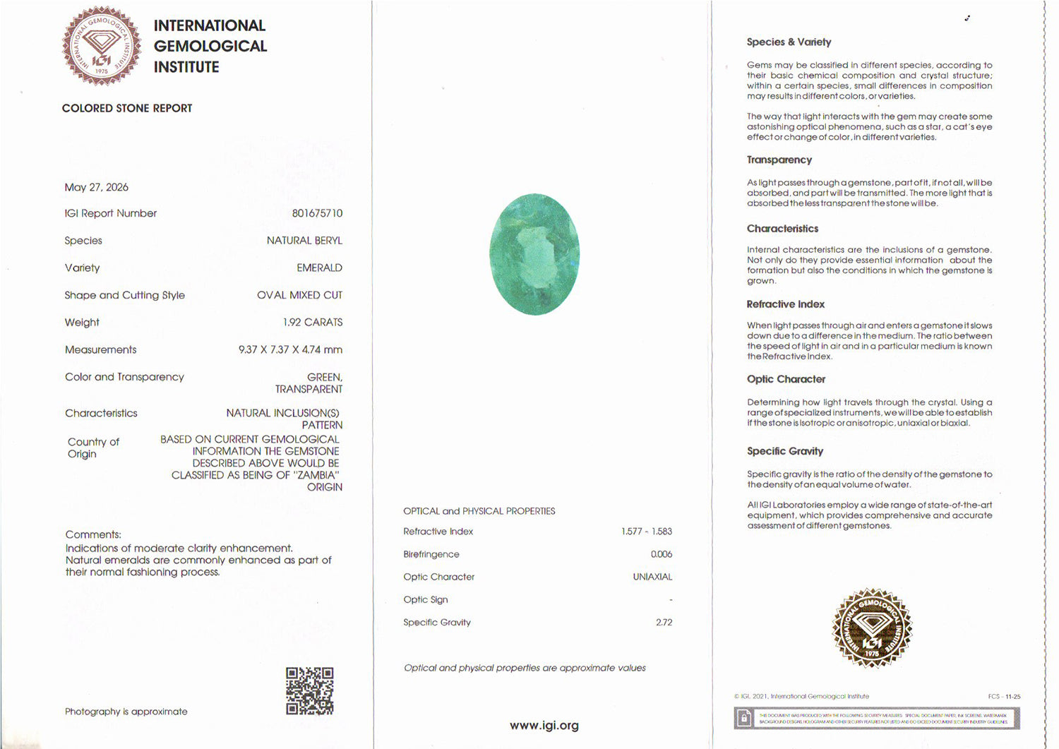 Zambian Emerald - 1.92 Carat Prime Quality EMD-9193