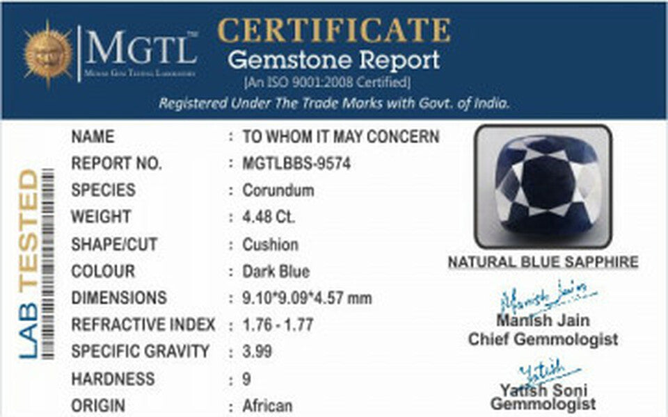 African Blue Sapphire - BBS 9574 Prime - Quality 4.48 Carat