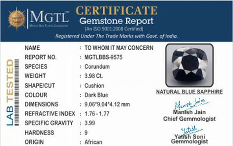 African Blue Sapphire - BBS 9575 Prime - Quality 3.98 Carat