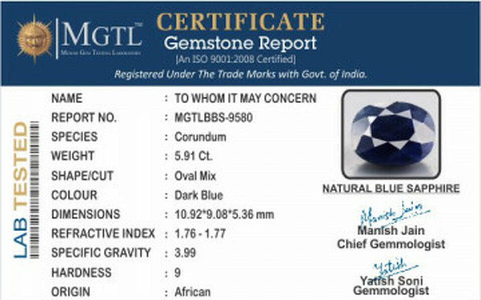 African Blue Sapphire - BBS 9580 Prime - Quality 5.91 Carat