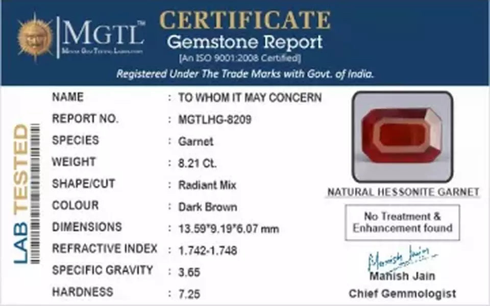 African Hessonite Garnet  8.21 Carat Prime Quality  HG-8209