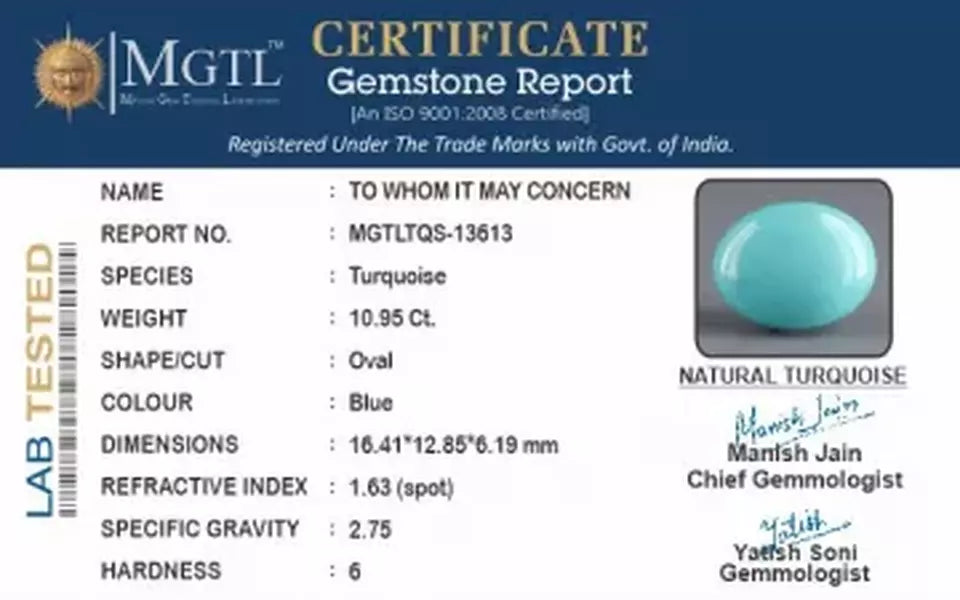 Arizona Turquoise - 10.95 Carat Rare Quality TQS-13613